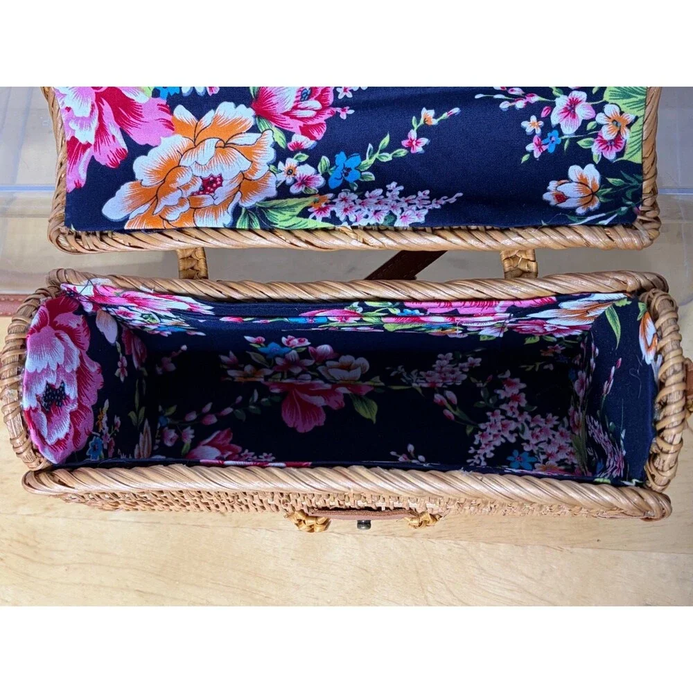 Handwoven Rattan Shoulder Leather Strap Floral Lined Bag
